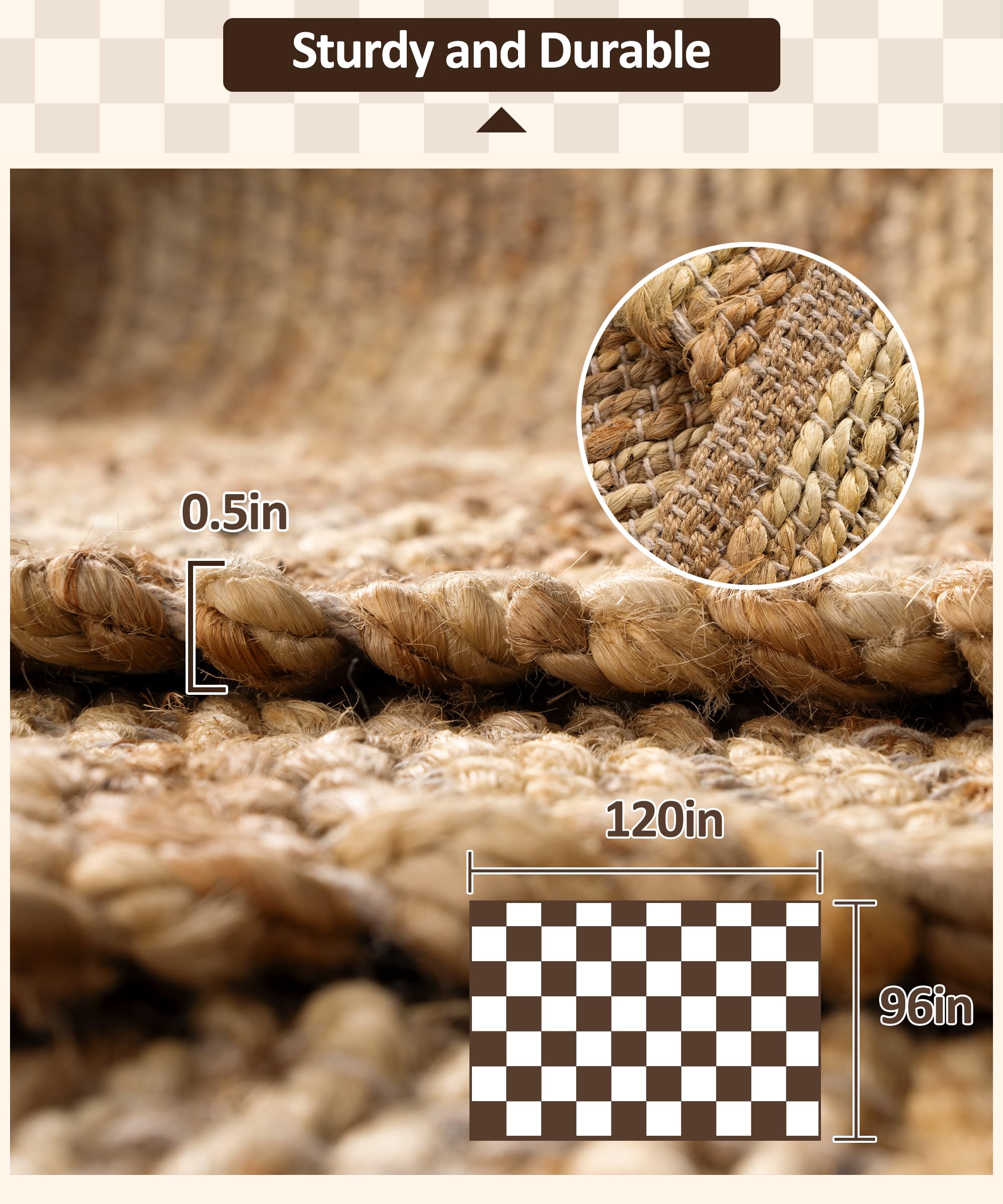 SUMGAR Neutral 100% Jute Rug 8x10 Ft Hand Woven Boho Area Rug Fiber Braided Checkered Large Carpet Home Decor for Living Room Bedroom Dining Room