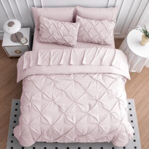 LANE LINEN Pink Comforter Set Queen Size with Sheets, Pillowcases & Shams, Pintuck Bedding Queen Size, Soft Queen Size Bed in a Bag Set, Pinch Pleated Queen Bed Comforter Set, Queen Bed Set for Girls