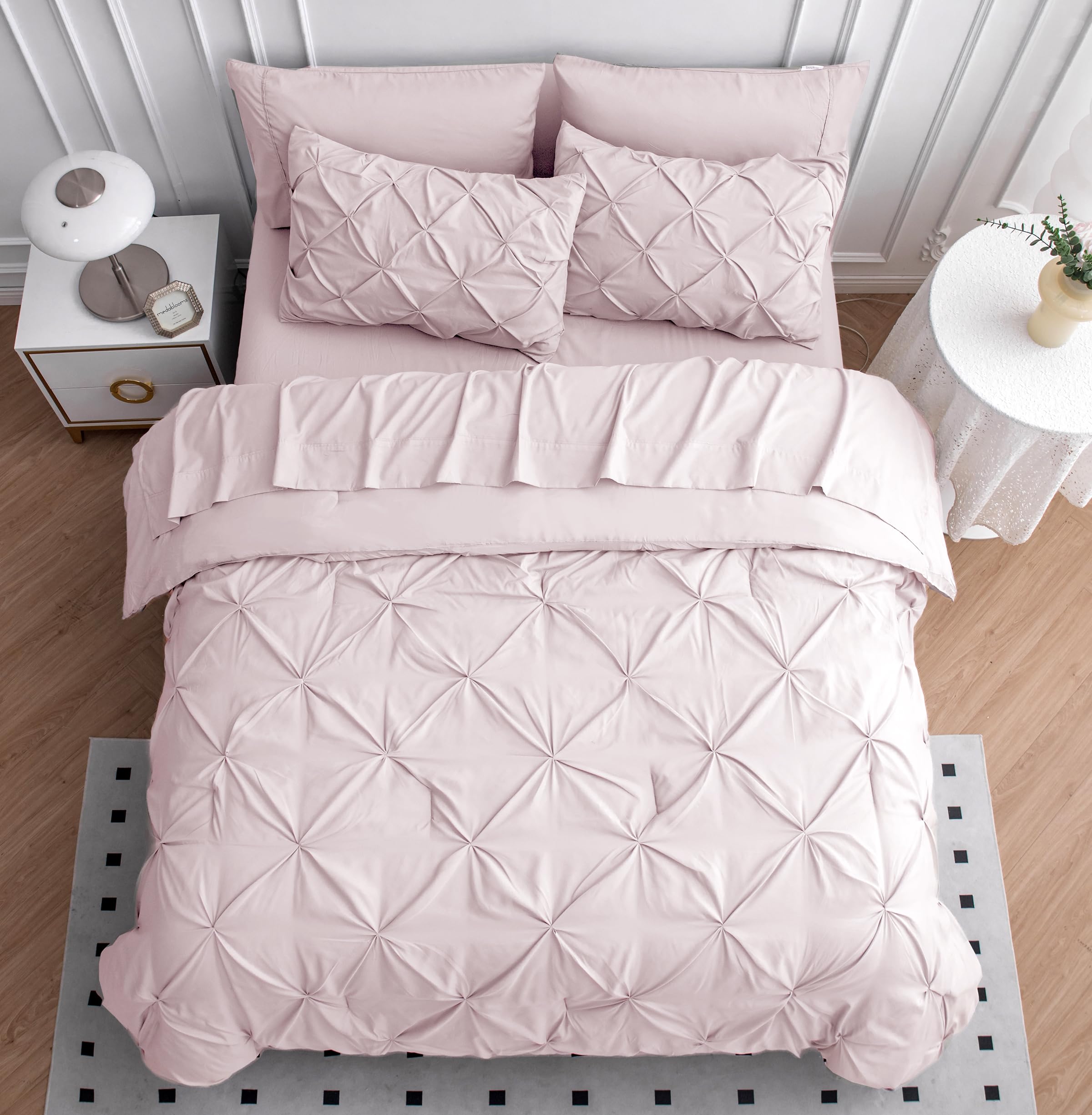 LANE LINEN Pink Comforter Set Queen Size with Sheets, Pillowcases & Shams, Pintuck Bedding Queen Size, Soft Queen Size Bed in a Bag Set, Pinch Pleated Queen Bed Comforter Set, Queen Bed Set for Girls