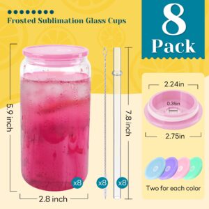 Joyclub 8 Pack Clear Sublimation Glass Cups Blanks 16 OZ Borosilicate Can Glass Tumblers with Acrylic Lids for Beer, Juice, Soda, Iced Coffee