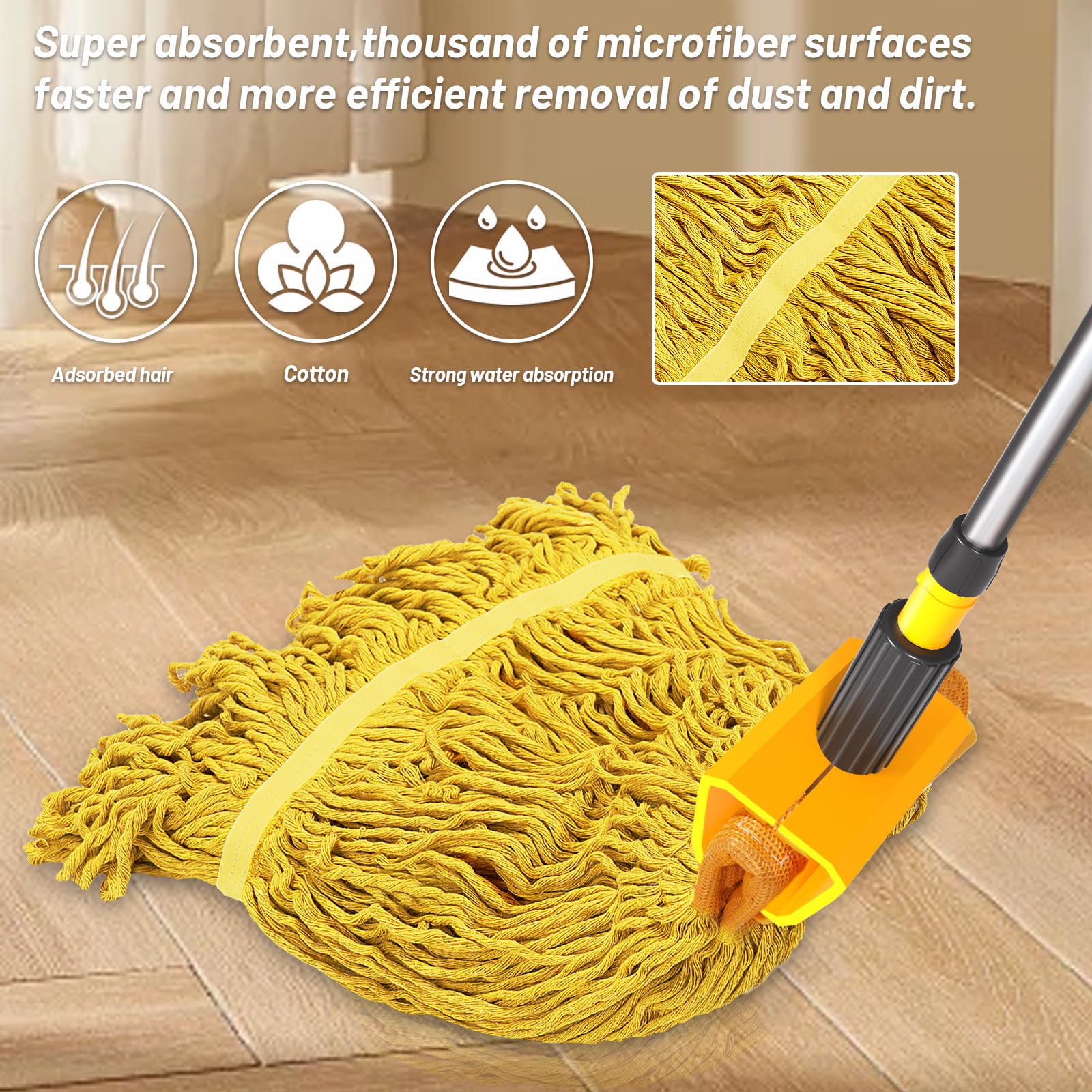 Kasunpul Commercial Mop, Looped-End String Wet Mop, Industrial Mop, 69" Heavy Duty Mops with 2 String Mop Heads for Floor Cleaning, Home, Kitchen, Office