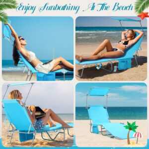 Wenqik 2 Pcs Foldable Beach Lounge Chair with 360° Canopy Sun Shade, Side Pocket, Carry Handle Beach Sunbathing Recliner Tanning Chair 4 Position Adjustable Backrest for Outside, Patio, Poolside