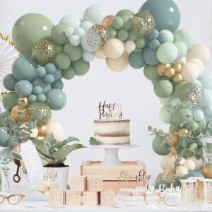 Amandir 170Pcs Dusty Blue Green Balloon Garland Arch Kit, Haze Fog Blue Ash Mist Sage Green Sand White Gold Confetti Balloons for Baby Shower Wedding Bridal Boho Birthday Party Backdrop Decorations