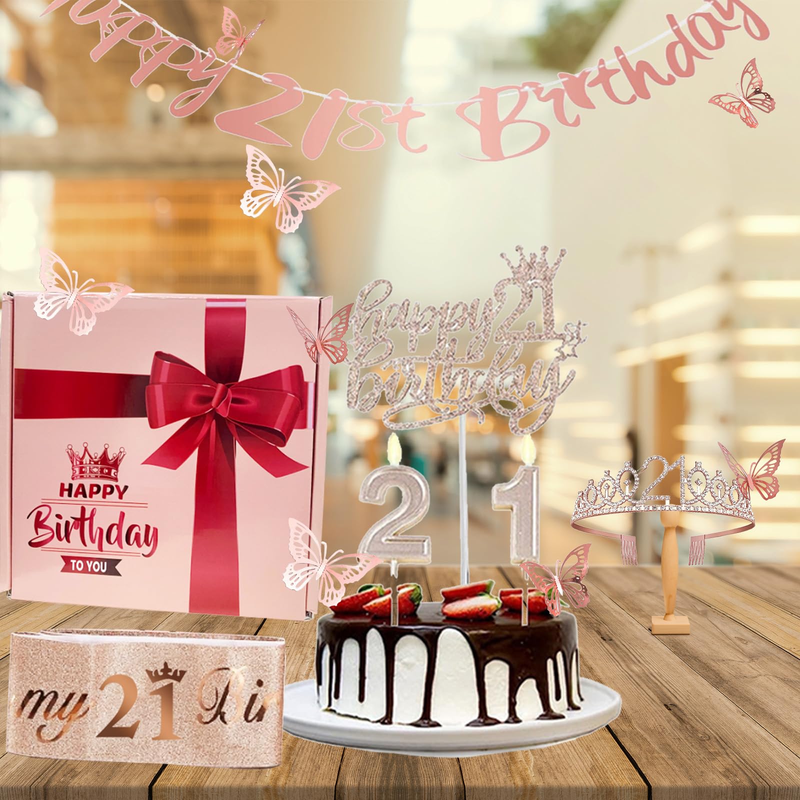 21st Birthday Decorations for Her Girls Sweet Birthday Gifts Rose Gold 21st Birthday Sash, Tiara, Cake Topper, Number 21st Candles, Happy 21st Birthday Banner, 3D Butterfly 12pcs, Birthday Supplies