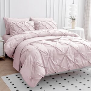 LANE LINEN Pink Comforter Set Queen Size with Sheets, Pillowcases & Shams, Pintuck Bedding Queen Size, Soft Queen Size Bed in a Bag Set, Pinch Pleated Queen Bed Comforter Set, Queen Bed Set for Girls