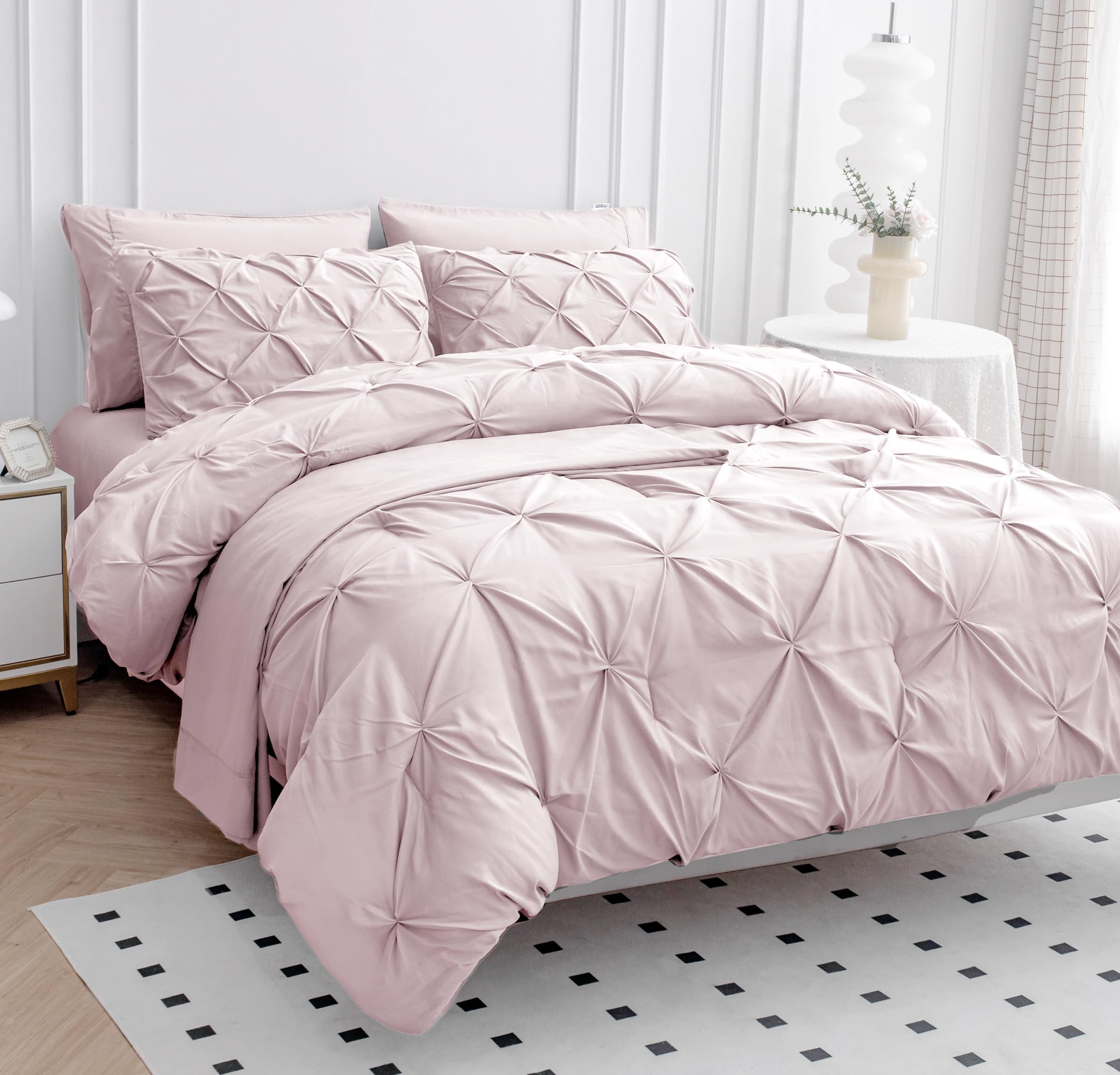 LANE LINEN Pink Comforter Set Queen Size with Sheets, Pillowcases & Shams, Pintuck Bedding Queen Size, Soft Queen Size Bed in a Bag Set, Pinch Pleated Queen Bed Comforter Set, Queen Bed Set for Girls