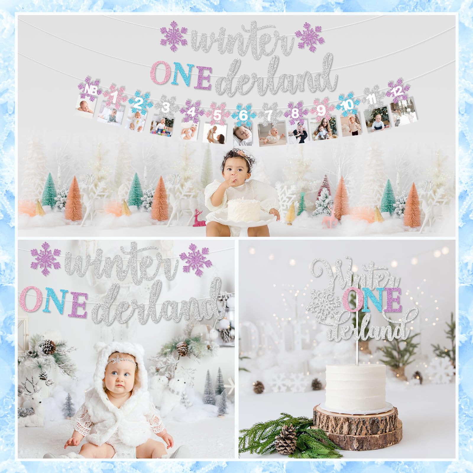 Winter Onederland 1st Birthday Decorations Girl, Winter Onederland Banner, Snowflake Photo Banner Highchair Banner Snowflake Balloon Arch Garland for Winter First Birthday Baby Shower Party Supplies