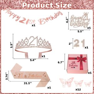 21st Birthday Decorations for Her Girls Sweet Birthday Gifts Rose Gold 21st Birthday Sash, Tiara, Cake Topper, Number 21st Candles, Happy 21st Birthday Banner, 3D Butterfly 12pcs, Birthday Supplies