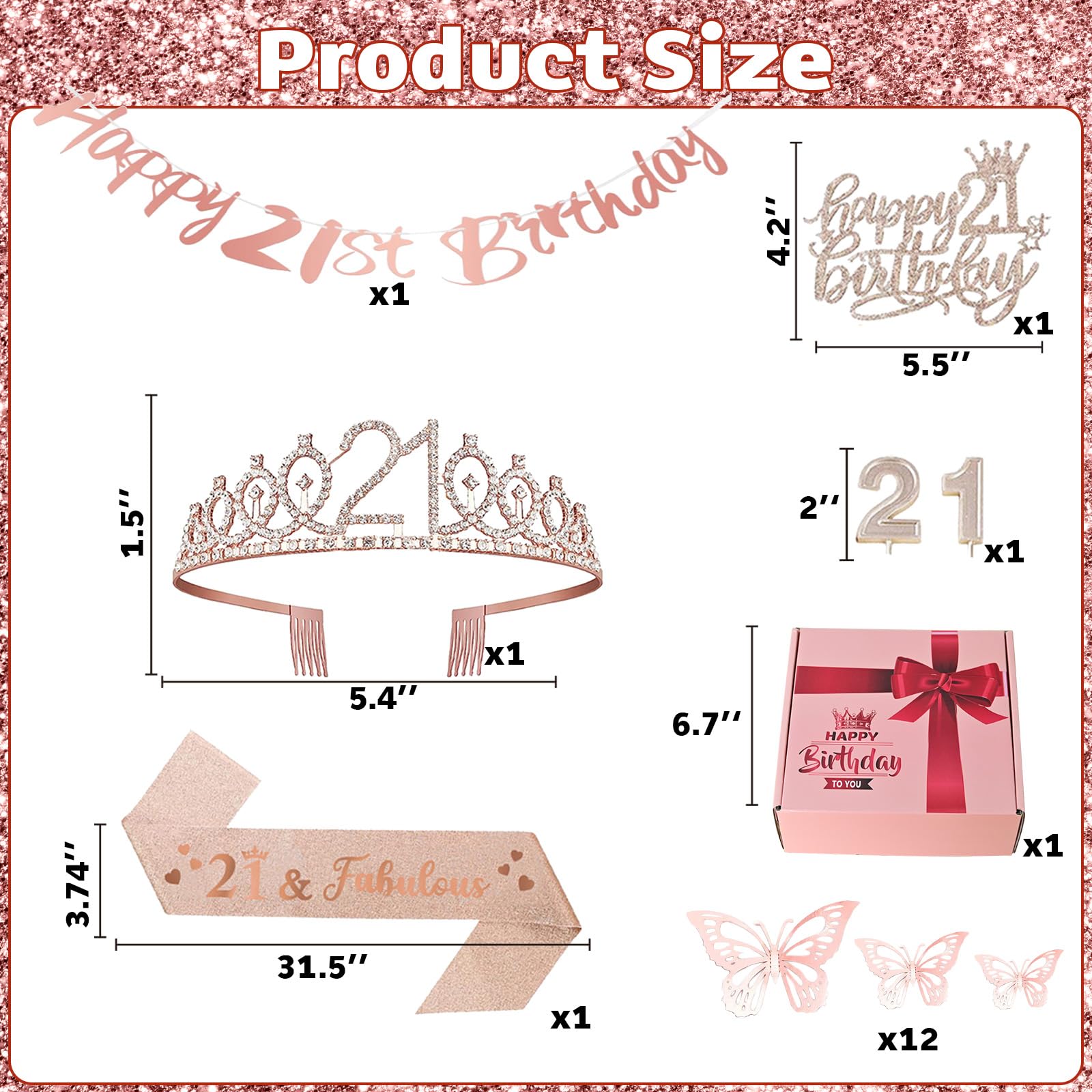 21st Birthday Decorations for Her Girls Sweet Birthday Gifts Rose Gold 21st Birthday Sash, Tiara, Cake Topper, Number 21st Candles, Happy 21st Birthday Banner, 3D Butterfly 12pcs, Birthday Supplies