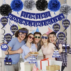 10th Birthday Decorations for Boys Girls, Blue I'm 10 Double Digits Banner Party Decorations, Happy 10th Birthday Decor Double-Sided Card Pompoms Hanging Swirl for Ten Years Old Boys Girls Gifts 45pcs