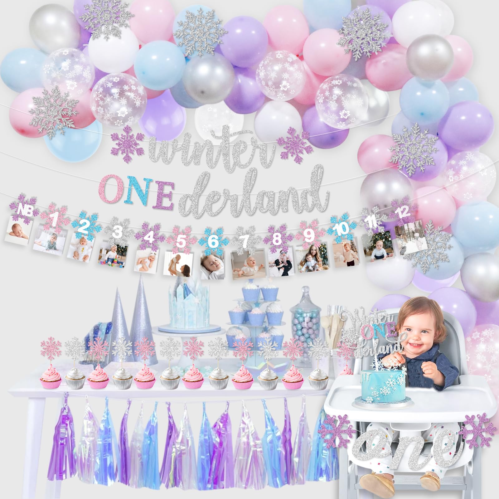 Winter Onederland 1st Birthday Decorations Girl, Winter Onederland Banner, Snowflake Photo Banner Highchair Banner Snowflake Balloon Arch Garland for Winter First Birthday Baby Shower Party Supplies