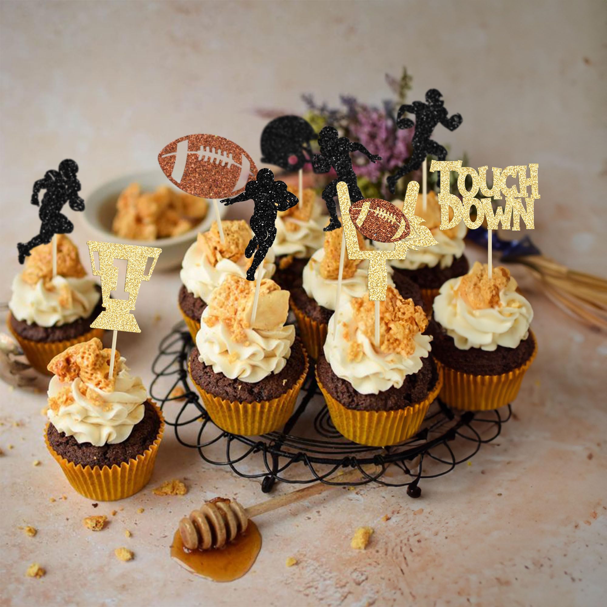 36Pcs Rugby Ball Cupcake Toppers Glitter Trophy American Football Cupcake Picks Touchdown Player Cake Decorations for Super Bowl Rugby Sports Theme Baby Shower Kids Birthday Party Supplies