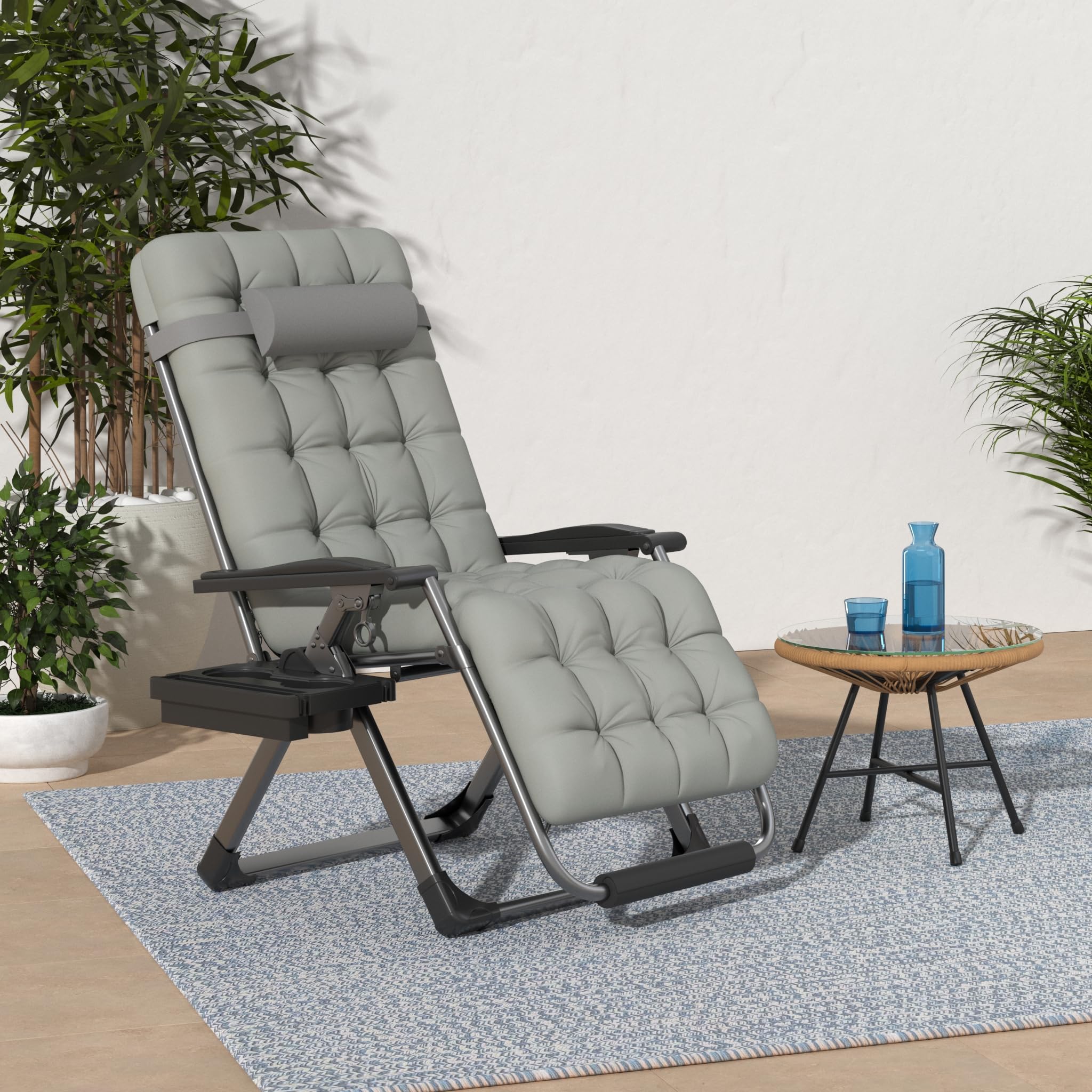 Slendor Zero Gravity Chairs,26" Padded Zero Gravity Recliner, Lounge Chair for Outside, Lawn Patio Chair with Aluminum Alloy Lock, Foot Rest, Cup Holder, Support 440lbs, Gray