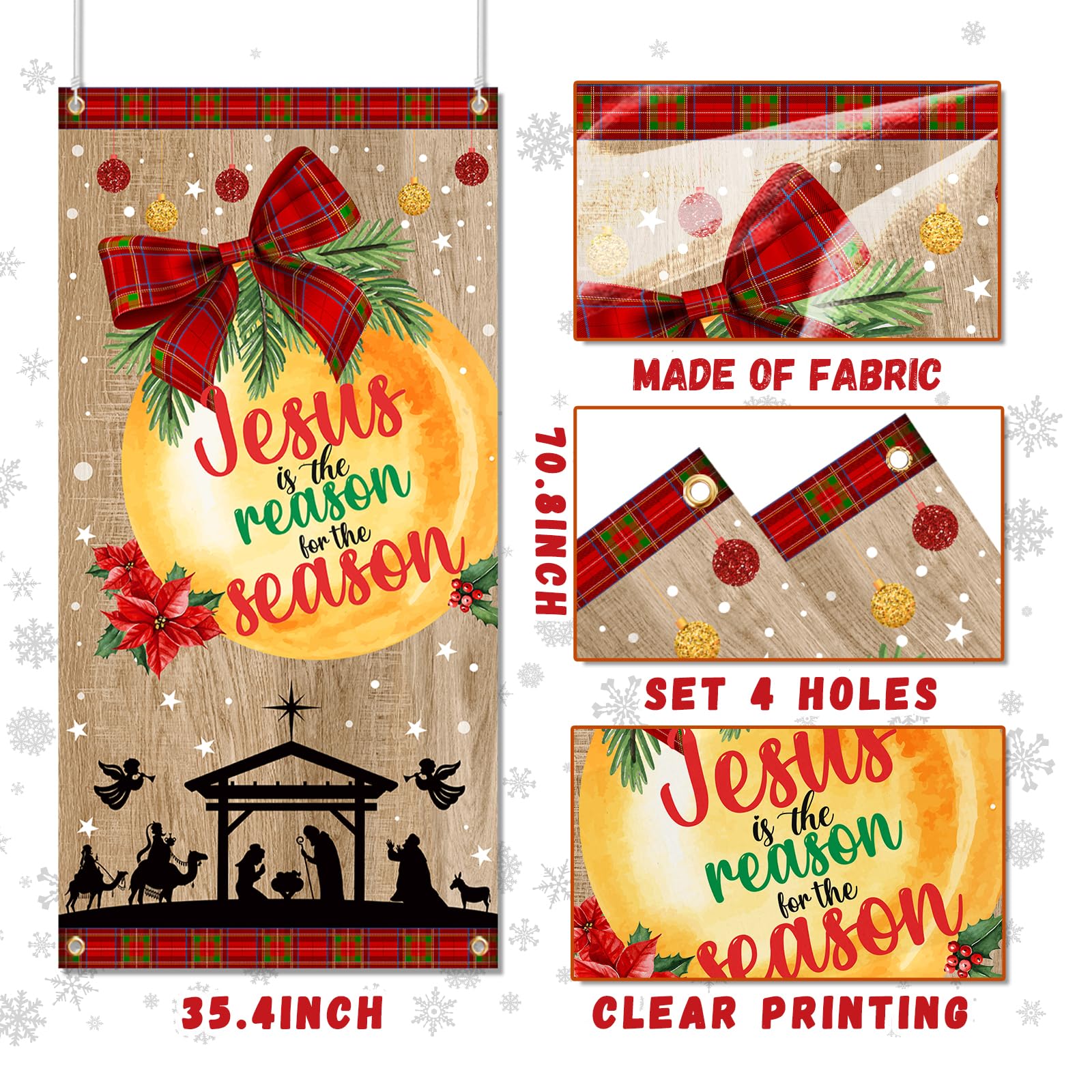 Jesus Is The Reason for The Season Banner, Baby Jesus Christmas Door Decorations,Willow Red Bowknot Holy Nativity Scene Backdrop for Xmas village background Winter Holiday Party Supplies