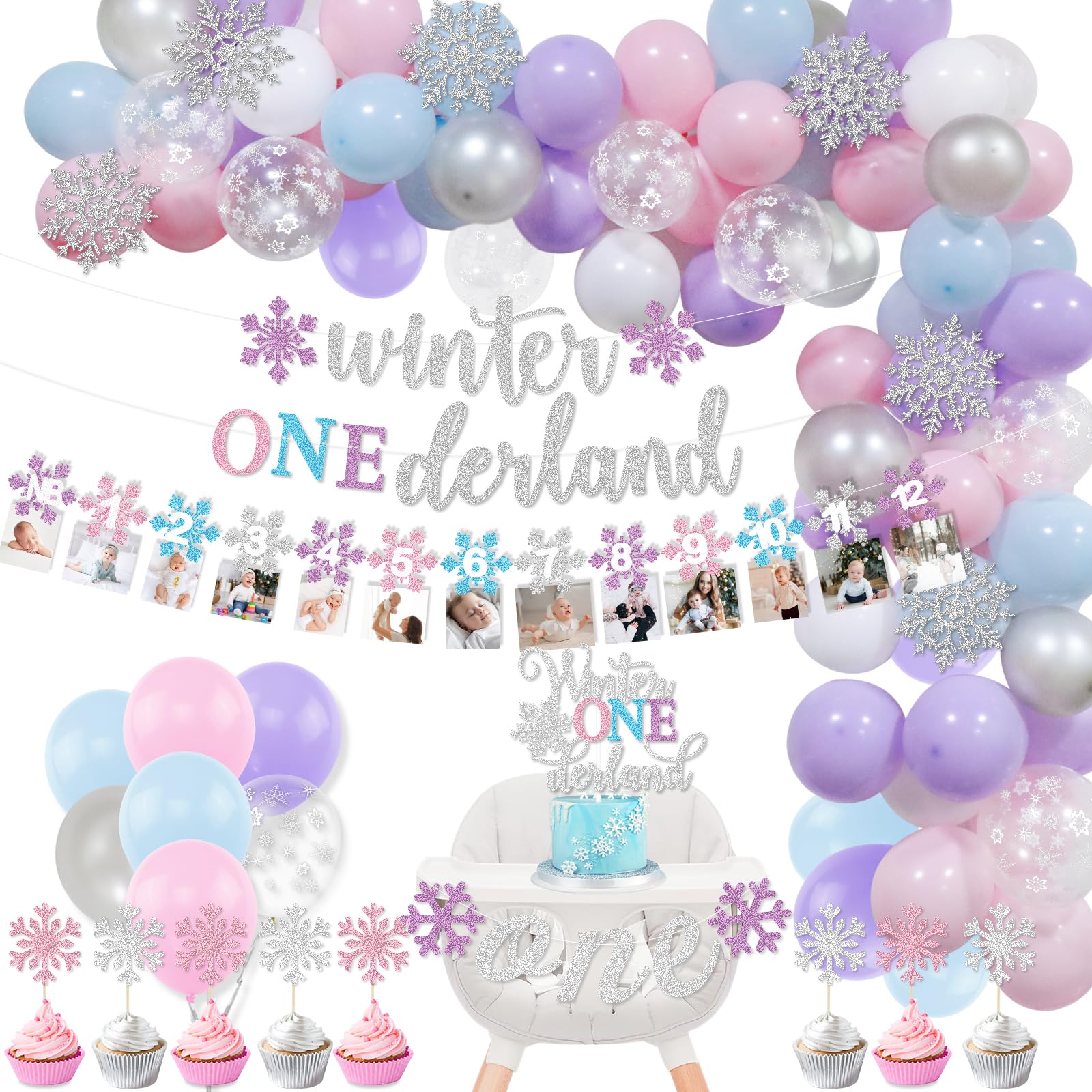 Winter Onederland 1st Birthday Decorations Girl, Winter Onederland Banner, Snowflake Photo Banner Highchair Banner Snowflake Balloon Arch Garland for Winter First Birthday Baby Shower Party Supplies