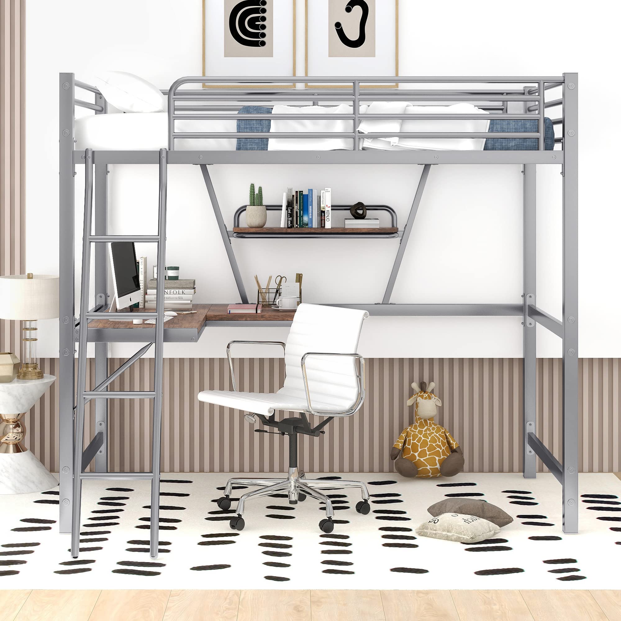 Twin Size Loft Metal&MDF Bed with Desk and Shelf,Space-Saving Furniture for Teen bedrooms.No Box Spring (Silver~P)