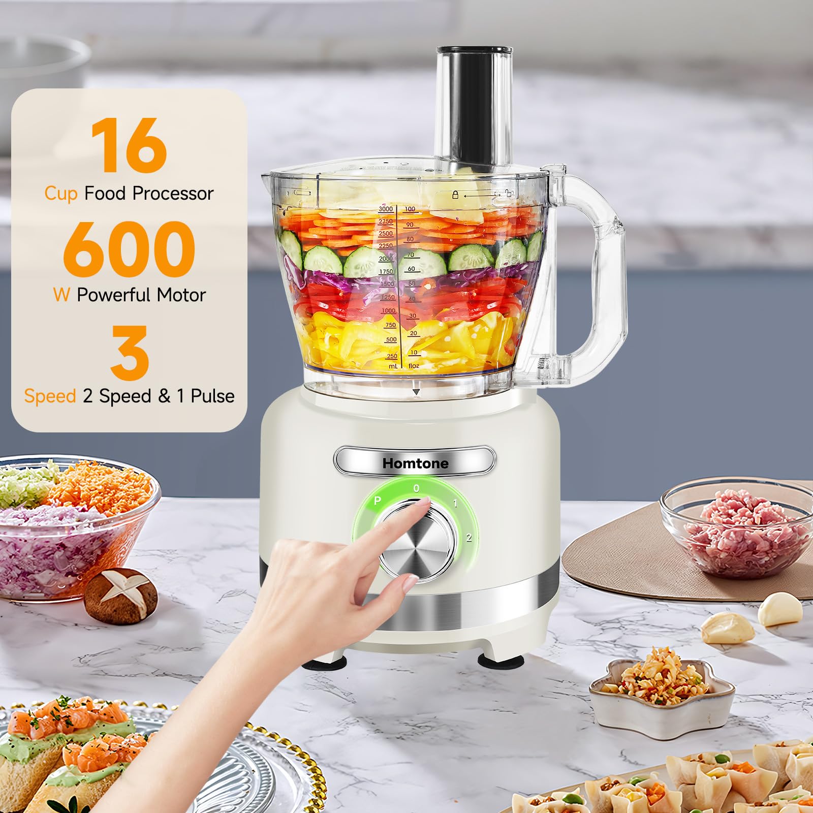 Homtone 16 Cup Food Processor, French-Fry-Cutter Food Processors, 9 Functions 7 Blades for Shredding, Slicing, Doughing, Emulsfying and Meat Vegetable Chopping for Home Use, 3 Speeds, 600W, Beige