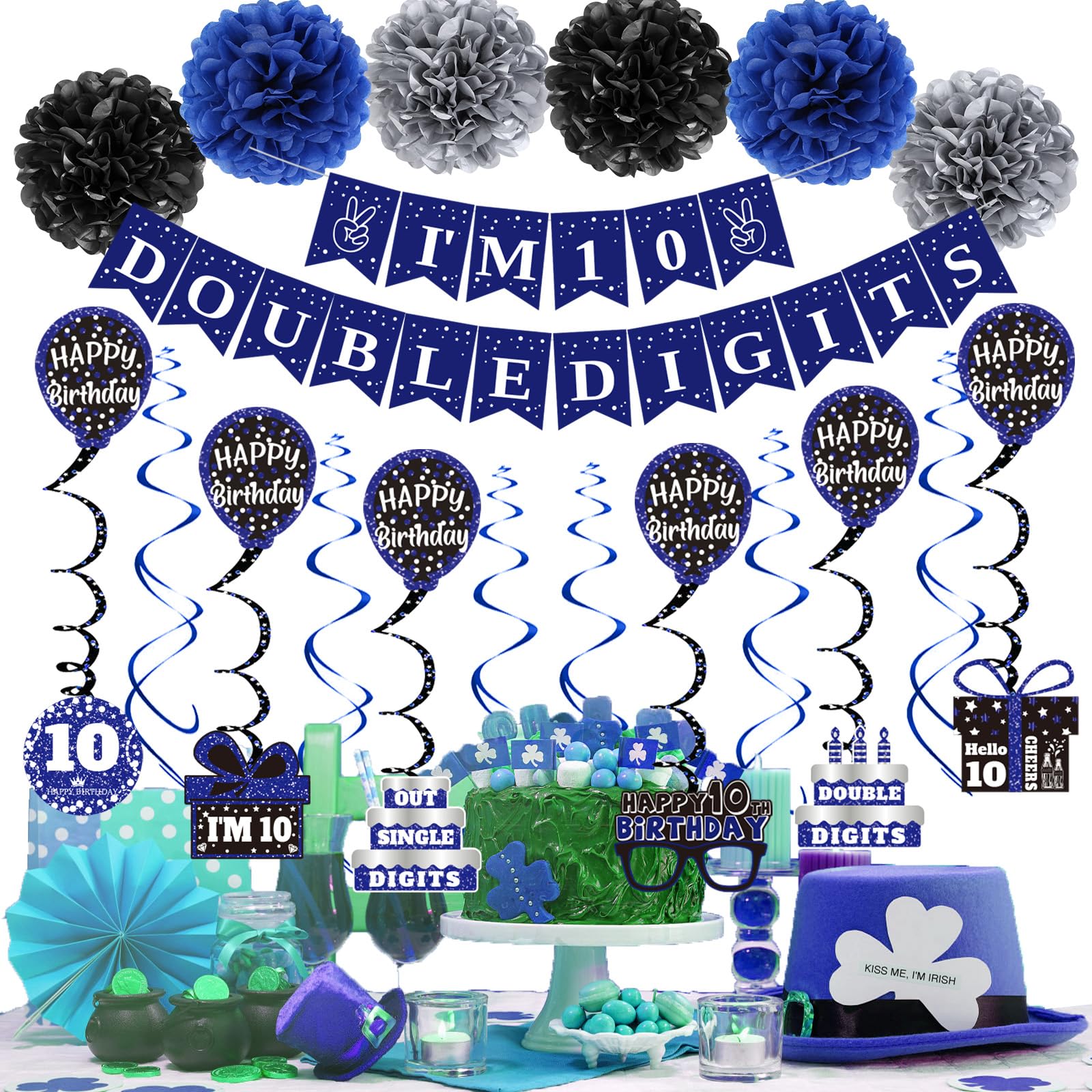 10th Birthday Decorations for Boys Girls, Blue I'm 10 Double Digits Banner Party Decorations, Happy 10th Birthday Decor Double-Sided Card Pompoms Hanging Swirl for Ten Years Old Boys Girls Gifts 45pcs