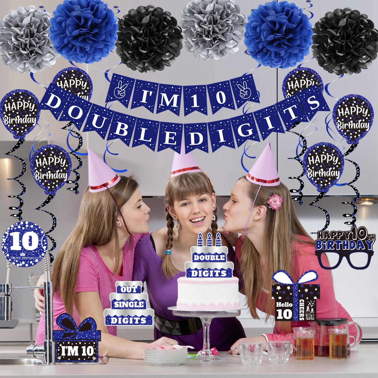 10th Birthday Decorations for Boys Girls, Blue I'm 10 Double Digits Banner Party Decorations, Happy 10th Birthday Decor Double-Sided Card Pompoms Hanging Swirl for Ten Years Old Boys Girls Gifts 45pcs