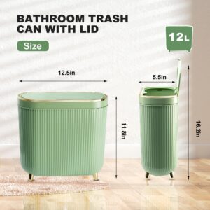 Supteron Bathroom Trash Can with Lid 3.2 Gallon Narrow Trash Can Small Plastic Trash Bin 12 Liter with Press Type Lid for Bedroom Bathroom, Mint Green