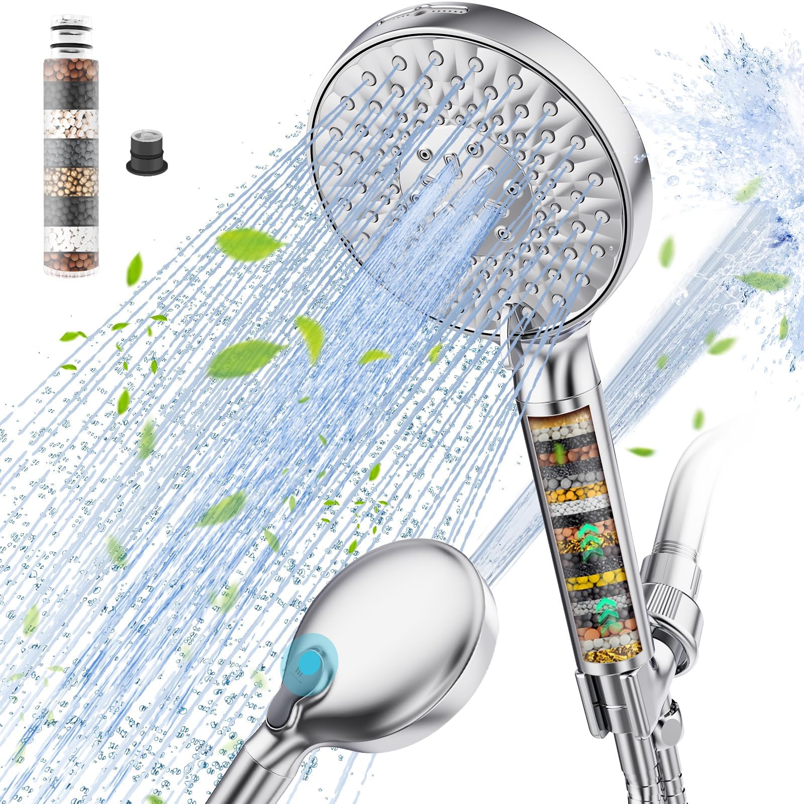 Filtered Shower Head with Handheld, High Pressure 9 Spray Mode Chrome Showerhead with Filters,detachable shower head,Water Softener Filters Beads for Hard Water -Remove Chlorine