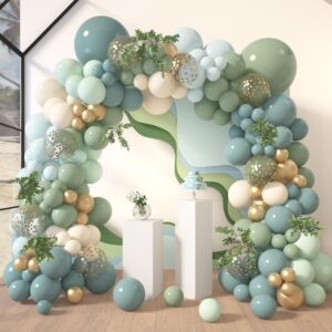 amandir 170pcs dusty blue green balloon garland arch kit, haze fog blue ash mist sage green sand white gold confetti balloons for baby shower wedding bridal boho birthday party backdrop decorations