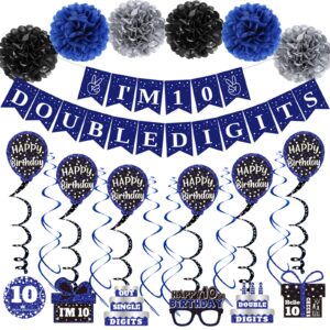 10th birthday decorations for boys girls, blue i'm 10 double digits banner party decorations, happy 10th birthday decor double-sided card pompoms hanging swirl for ten years old boys girls gifts 45pcs