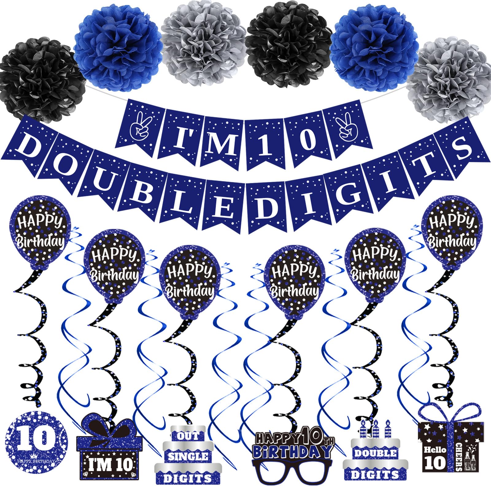 10th Birthday Decorations for Boys Girls, Blue I'm 10 Double Digits Banner Party Decorations, Happy 10th Birthday Decor Double-Sided Card Pompoms Hanging Swirl for Ten Years Old Boys Girls Gifts 45pcs