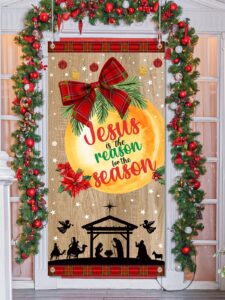 jesus is the reason for the season banner, baby jesus christmas door decorations,willow red bowknot holy nativity scene backdrop for xmas village background winter holiday party supplies