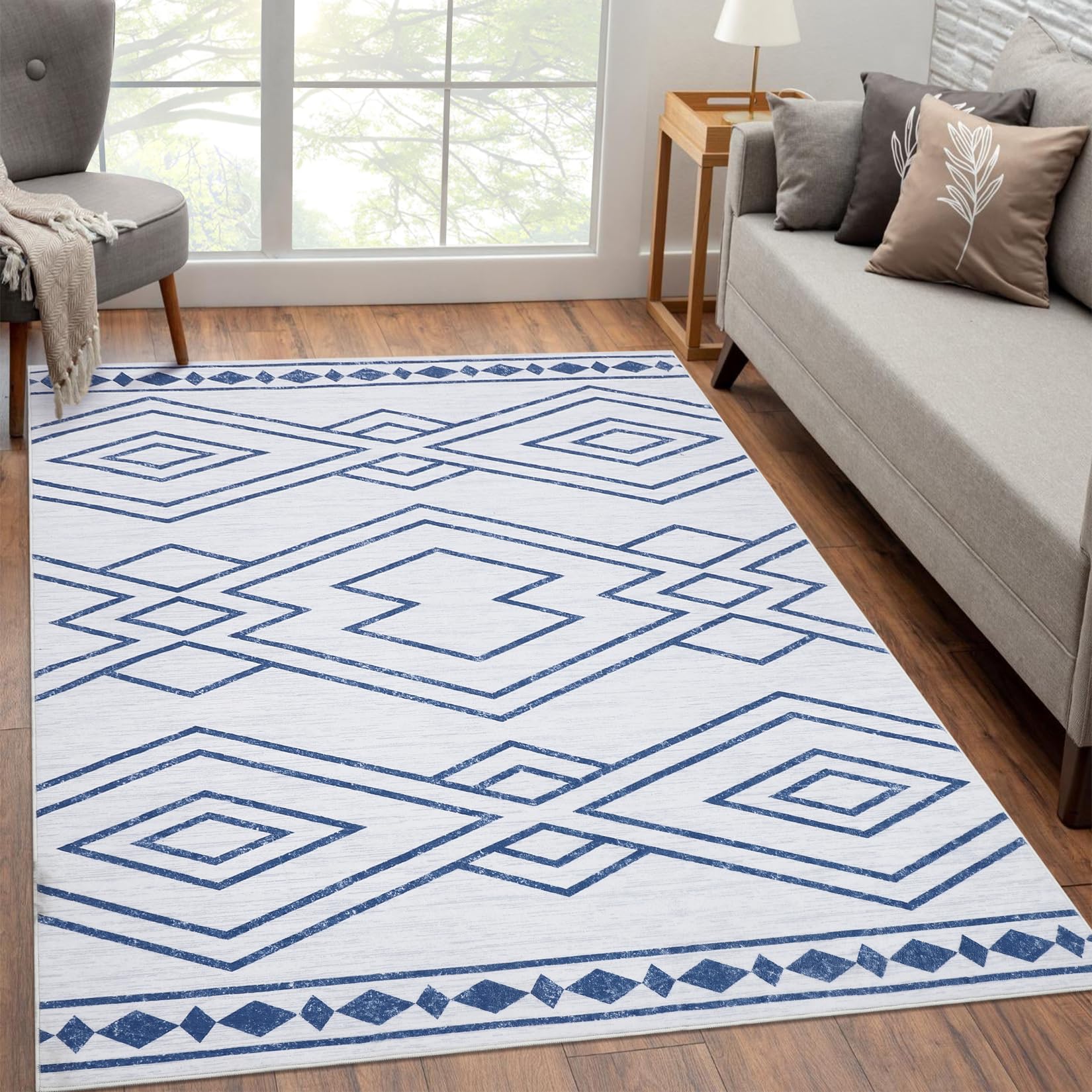 ROYHOME Moroccan Rug 9x12 Large Area Rug Modern Geometric Accent Rug Soft Rug Machine Washable Rug Non Slip Indoor Carpet for Living Room Bedroom, Blue, 9’x12’