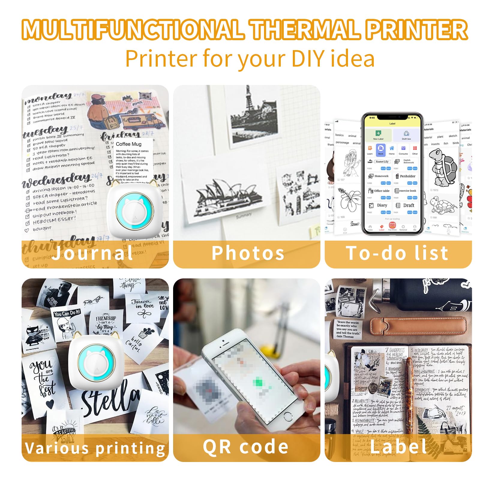 TXFTRR Mini Pocket Printer - Portable Thermal Printer with Light & 5 Colorful Pens, 5 Rolls Thermal Paper and 5 Rolls Adhesive Sticker Paper, Inkless Sticker Printer for Photo Journal Notes