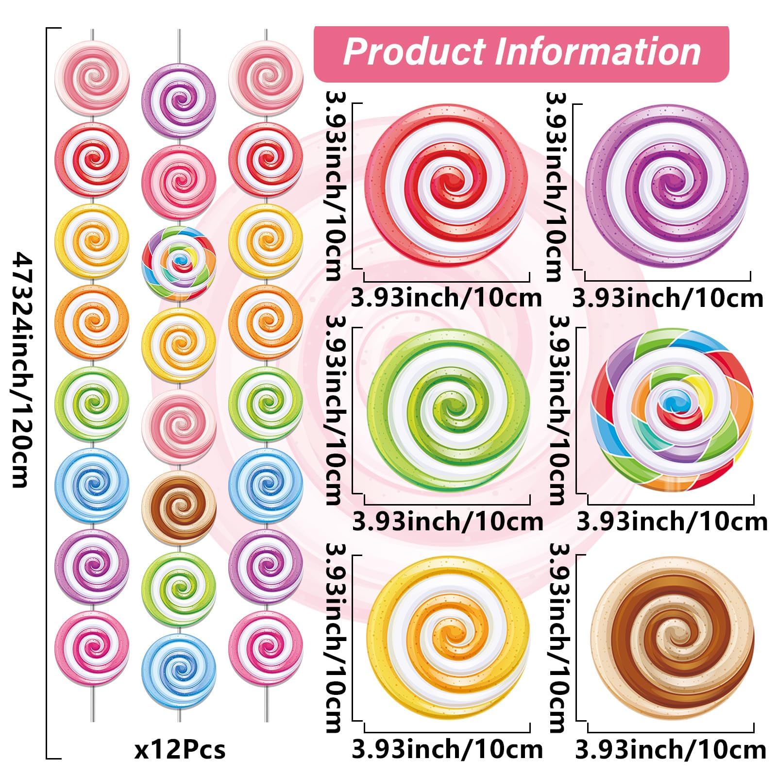 12pcs Candyland Party Decorations Banners Candy Hanging Swirl Candyland Birthday Garland Kit Lollipop Paper Cutouts for Candyland Theme Birthday Baby Shower Party Favor Indoor Home Office Decor