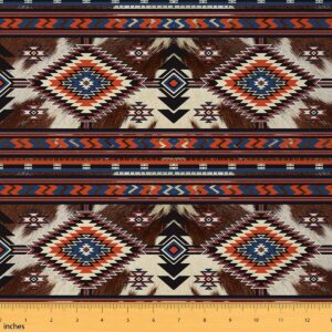 orange brown cowhide aztec fabric by the yard 2 yard, western boho upholstery fabric for kids ethnic tribe arrow aztec decorative waterproof outdoor fabric cow fur print outdoor fabric microfiber