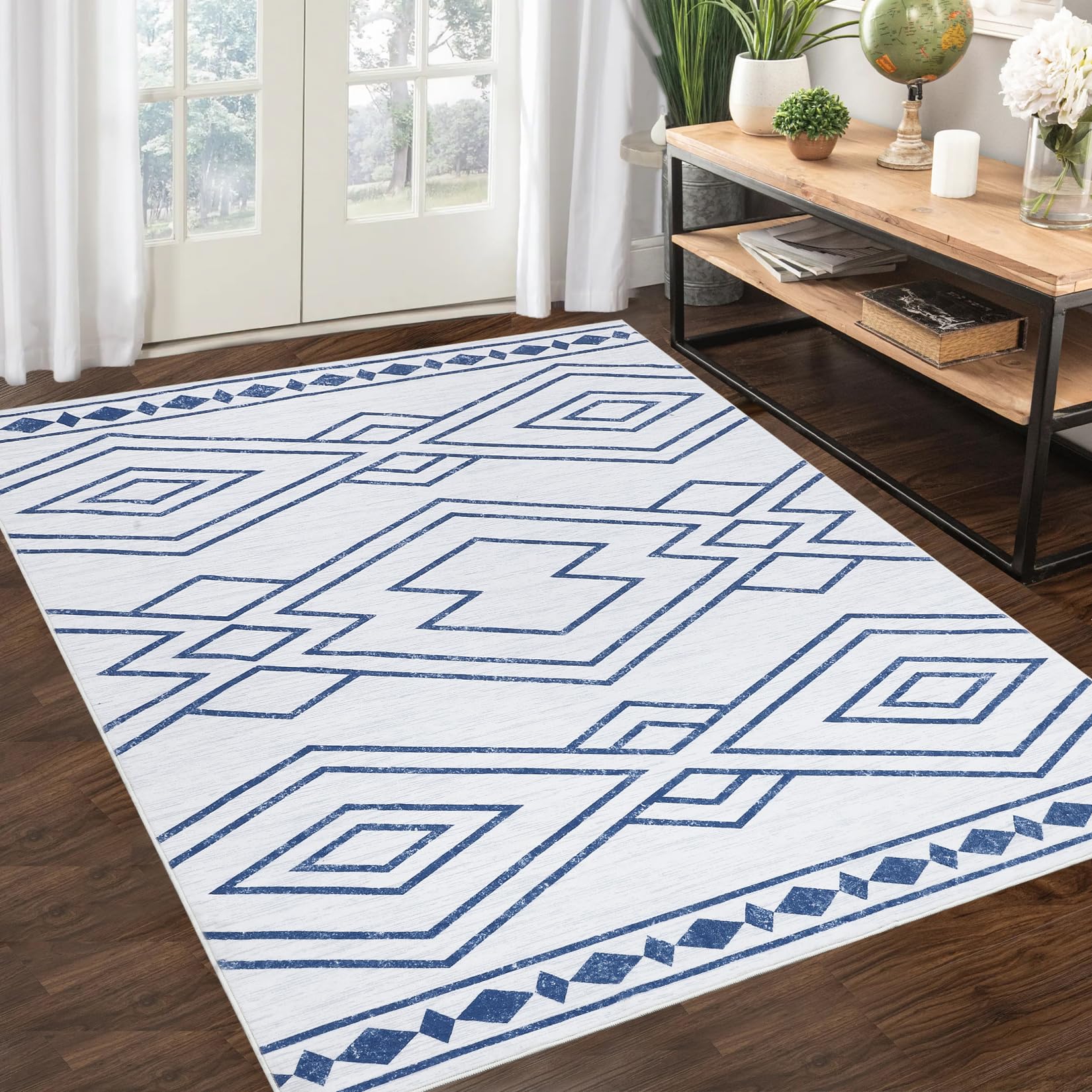 ROYHOME Moroccan Rug 9x12 Large Area Rug Modern Geometric Accent Rug Soft Rug Machine Washable Rug Non Slip Indoor Carpet for Living Room Bedroom, Blue, 9’x12’