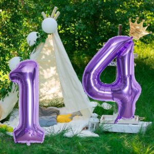 YFHVJTKO 32 Inch Number 14 Gold Crown Balloon Set,14th Celebration Decorations for Happy 14th Birthday Party Wedding Bridal Shower Engagement Photo Shoot Anniversary Decoration, Purple 14 Balloon