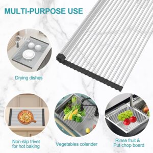 BBXTYLY Extra Large Expandable Roll Up Dish Drying Rack,Over The Sink Drying Rack Sink Cover Kitchen Sink Accessories Kitchen Rolling up Stainless Steel Drainer, Foldable,Rollable（Black，25.1''-17.3''）