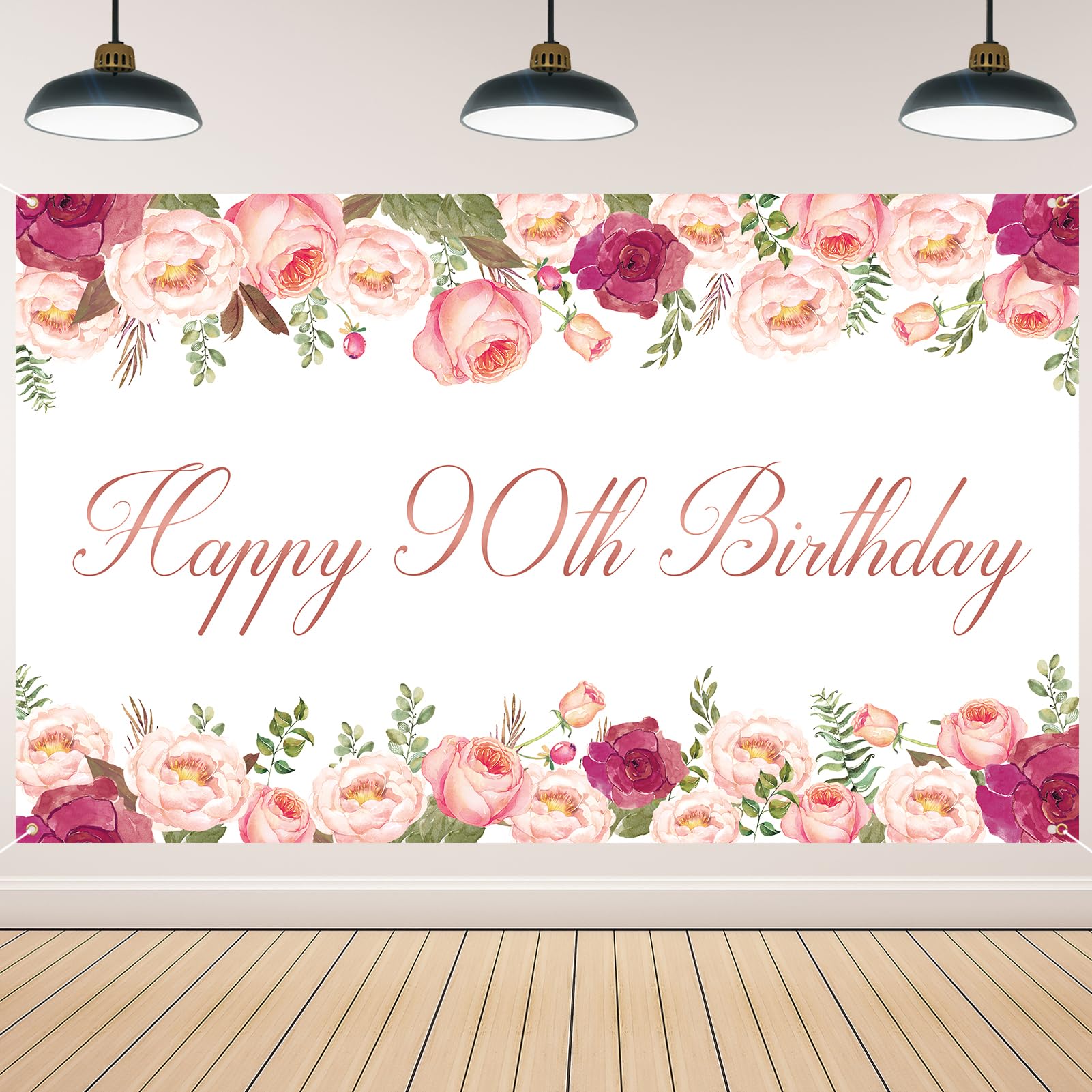 Vlipoeasn Elegant White Happy 90th Birthday Decorations for Women Rose Gold Flower Peony Photography Backdrop for 90th Birthday Party Surprise for Mother Cheers to 90 Years Old Birthday Party Supplies