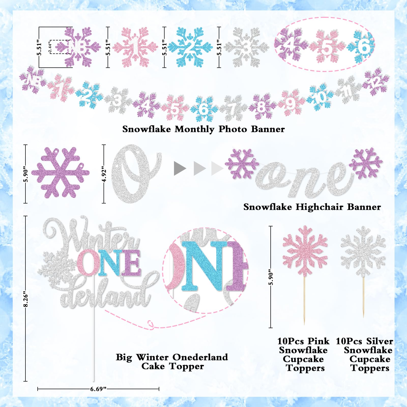 Winter Onederland 1st Birthday Decorations Girl, Winter Onederland Banner, Snowflake Photo Banner Highchair Banner Snowflake Balloon Arch Garland for Winter First Birthday Baby Shower Party Supplies