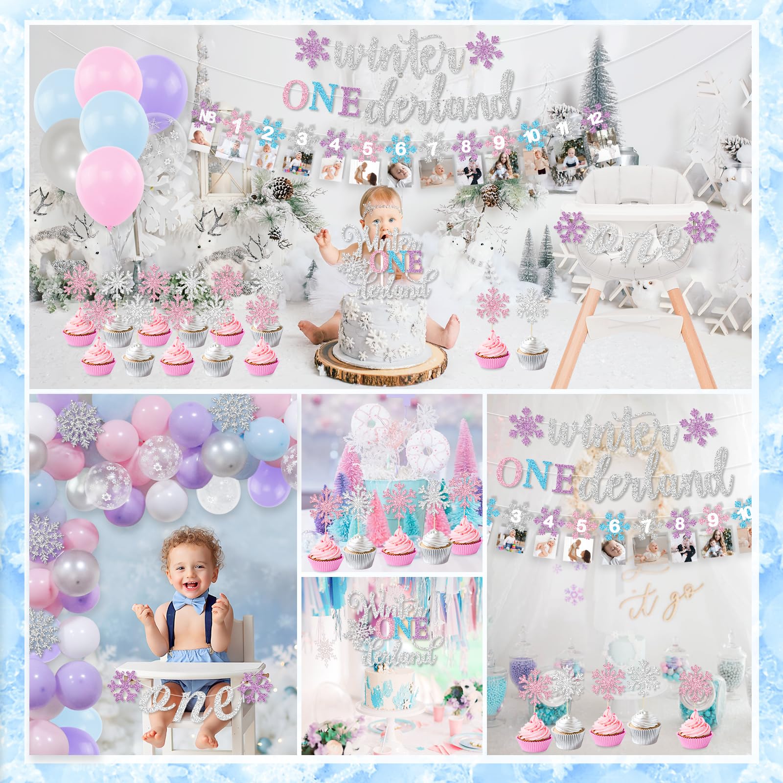 Winter Onederland 1st Birthday Decorations Girl, Winter Onederland Banner, Snowflake Photo Banner Highchair Banner Snowflake Balloon Arch Garland for Winter First Birthday Baby Shower Party Supplies