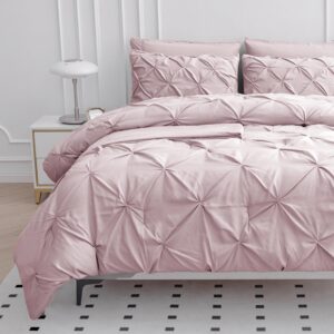 LANE LINEN Pink Comforter Set Queen Size with Sheets, Pillowcases & Shams, Pintuck Bedding Queen Size, Soft Queen Size Bed in a Bag Set, Pinch Pleated Queen Bed Comforter Set, Queen Bed Set for Girls