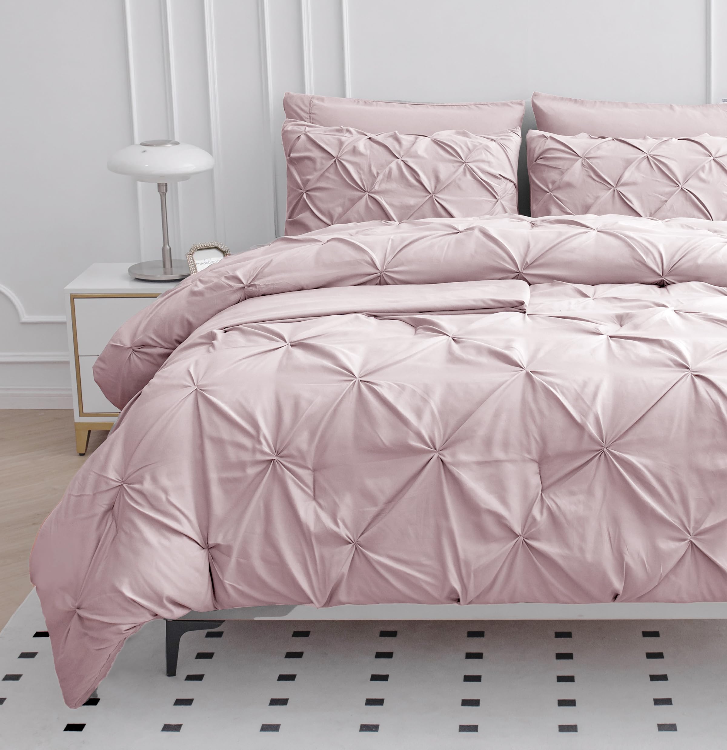 LANE LINEN Pink Comforter Set Queen Size with Sheets, Pillowcases & Shams, Pintuck Bedding Queen Size, Soft Queen Size Bed in a Bag Set, Pinch Pleated Queen Bed Comforter Set, Queen Bed Set for Girls