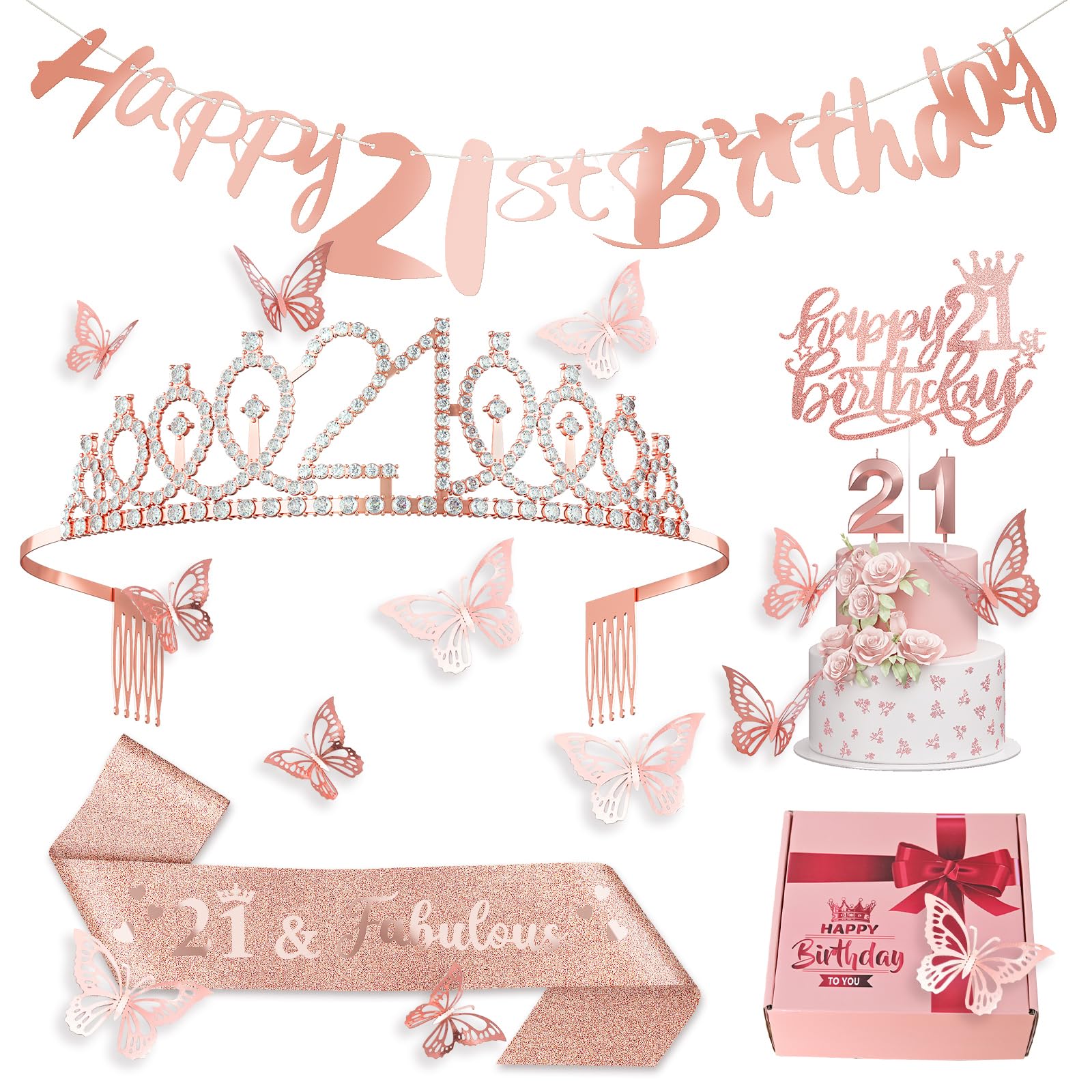 21st Birthday Decorations for Her Girls Sweet Birthday Gifts Rose Gold 21st Birthday Sash, Tiara, Cake Topper, Number 21st Candles, Happy 21st Birthday Banner, 3D Butterfly 12pcs, Birthday Supplies