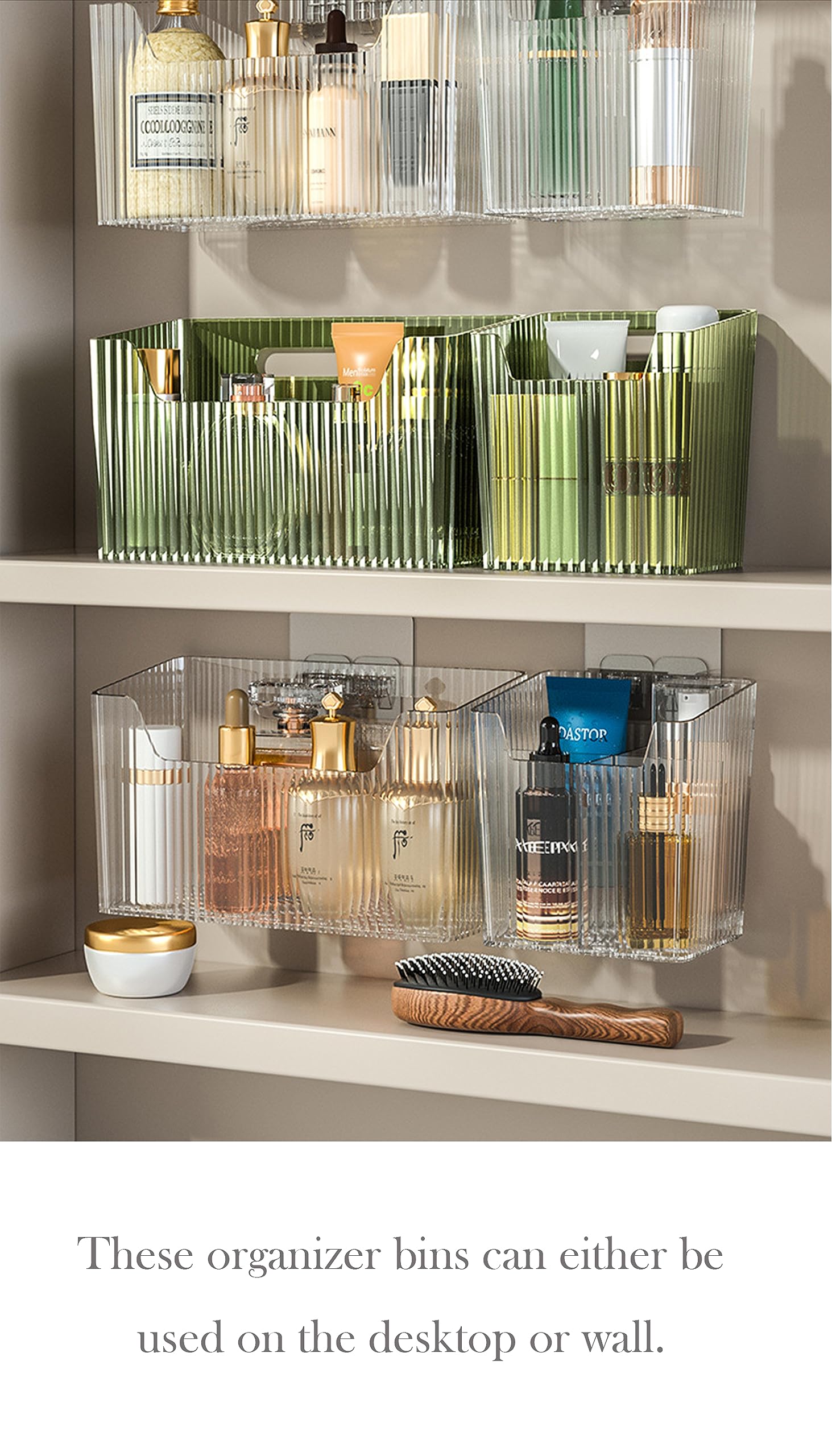 Set Of 2 Storage Organizer Bins Wall Mounted Organizer Basket, Shower Caddy Stackable Clear Plastic Makeup Organizer Adhesive Hanging Bin for Bathroom, Kitchen, Cabinet, Pantry, BPA Free, Large, Clear