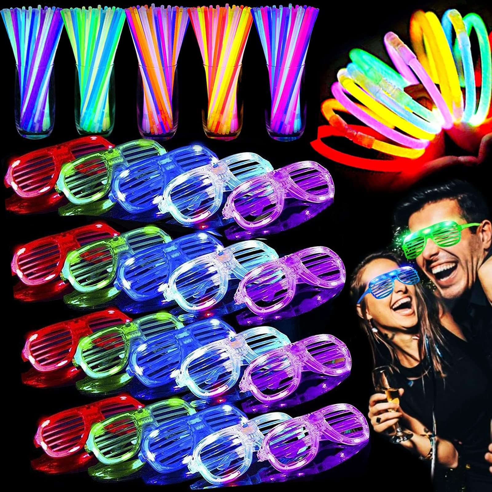 125 Pack New Years Eve Glow in The Dark Party Supplies Light Up Party Favors with 100 Glow Sticks and 25 Led Glasses Shutter Shades Sunglasses Neon Accessories for Kid Adult New Years Birthday Wedding