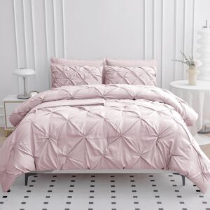 LANE LINEN Pink Comforter Set Queen Size with Sheets, Pillowcases & Shams, Pintuck Bedding Queen Size, Soft Queen Size Bed in a Bag Set, Pinch Pleated Queen Bed Comforter Set, Queen Bed Set for Girls