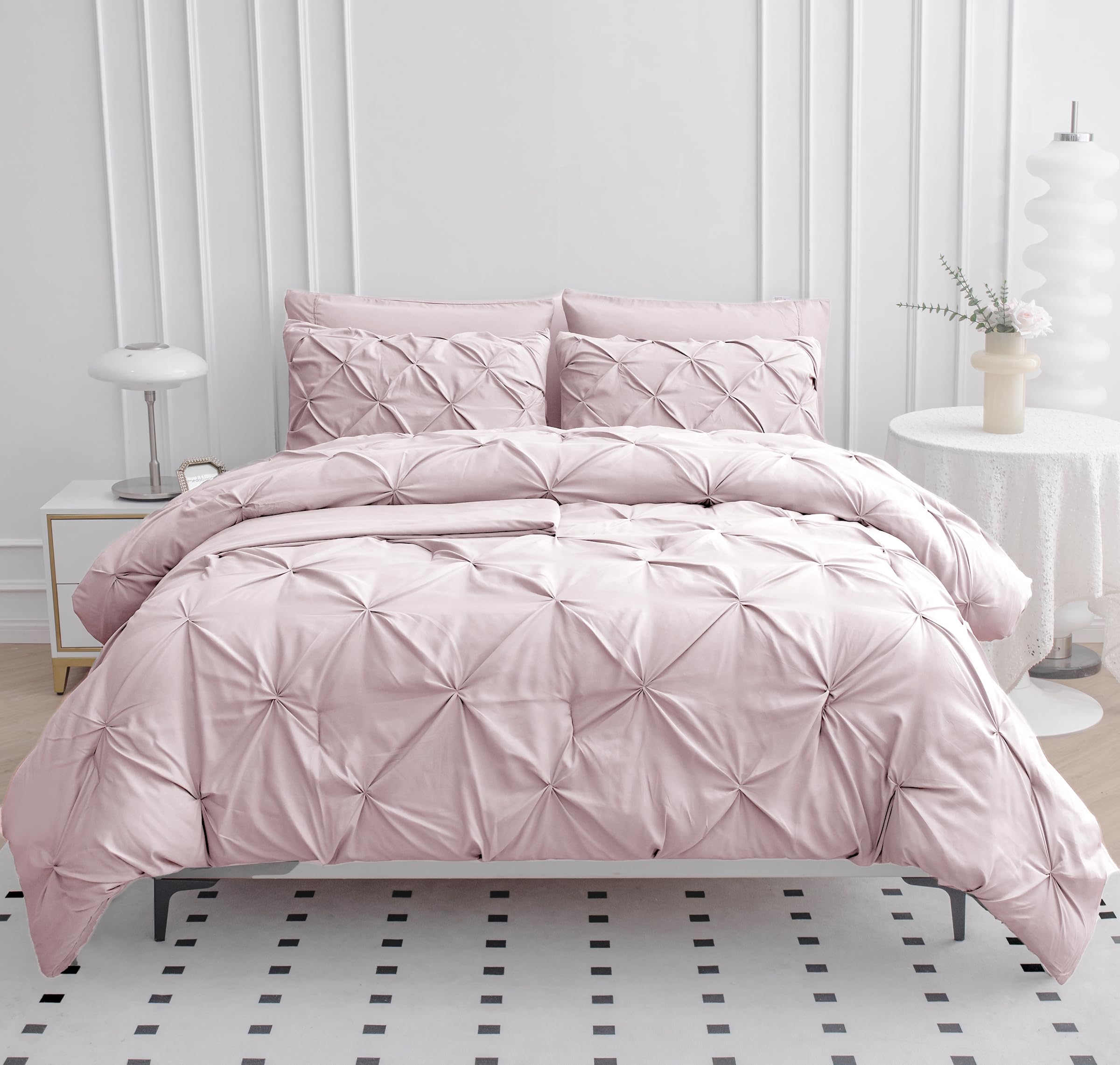 LANE LINEN Pink Comforter Set Queen Size with Sheets, Pillowcases & Shams, Pintuck Bedding Queen Size, Soft Queen Size Bed in a Bag Set, Pinch Pleated Queen Bed Comforter Set, Queen Bed Set for Girls