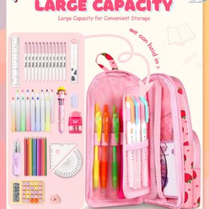 LISEVO Cute Strawberry Pencil Case,Unique Aesthetic 3D Schoolbag-Shaped Pencil Pouch for Girls Boys Kids Women,Big Capacity Pen and Pencil Stationery Organizer Bag with Zippers for School Office