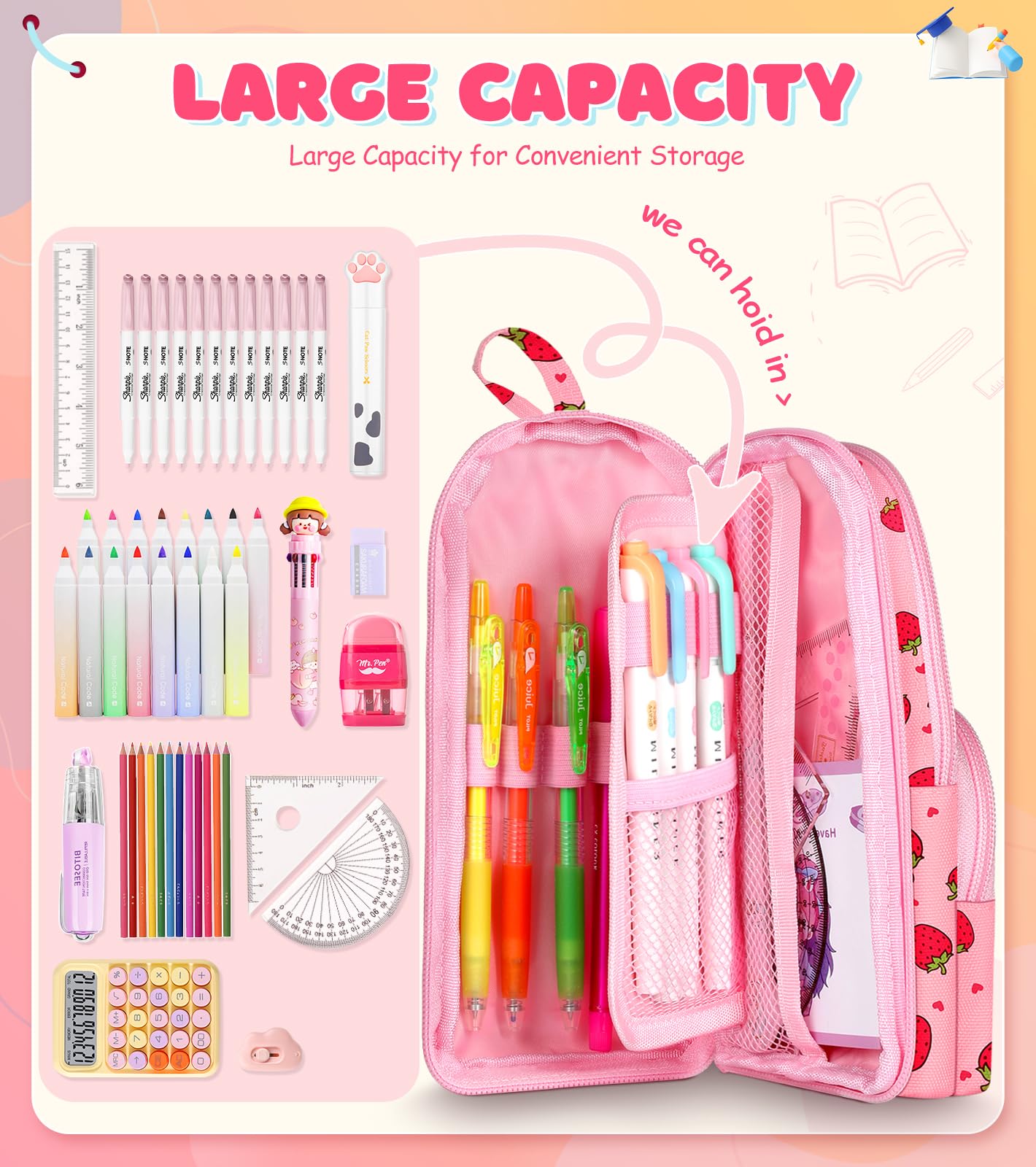 LISEVO Cute Strawberry Pencil Case,Unique Aesthetic 3D Schoolbag-Shaped Pencil Pouch for Girls Boys Kids Women,Big Capacity Pen and Pencil Stationery Organizer Bag with Zippers for School Office