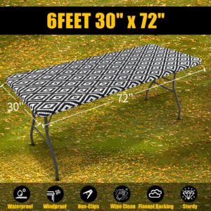 Smiry Rectangle Picnic Table Cloth, Waterproof Elastic Fitted Outdoor Tablecloths for 6 Foot Tables, Wipeable Flannel Backed Vinyl Table Cover for Camping, Dining and Indoor (30"x72", Black)