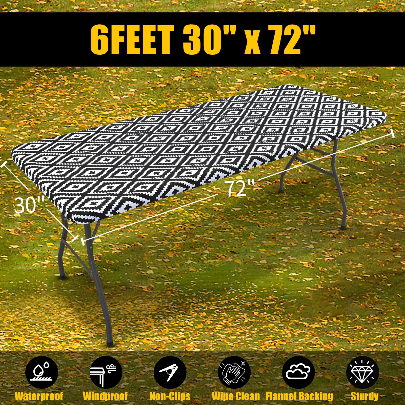 Smiry Rectangle Picnic Table Cloth, Waterproof Elastic Fitted Outdoor Tablecloths for 6 Foot Tables, Wipeable Flannel Backed Vinyl Table Cover for Camping, Dining and Indoor (30"x72", Black)